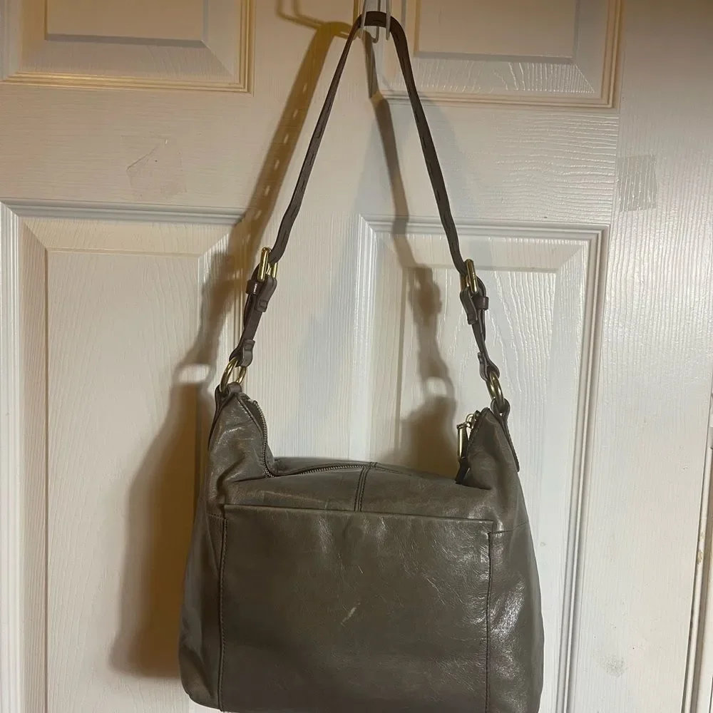 Hobo Leather Grayish green , Brown and Shoulder Bag with gold tone hardwares.
